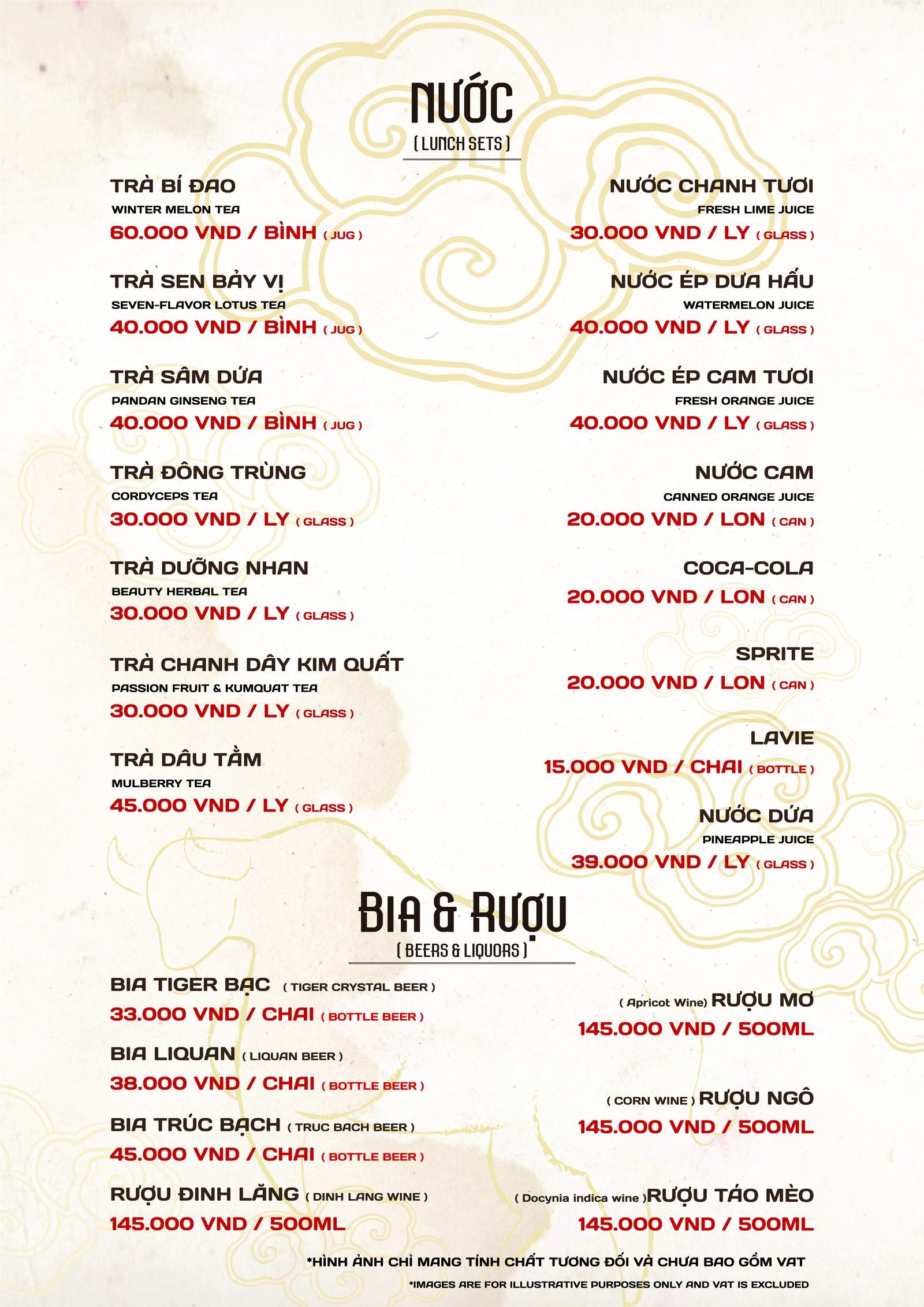 Menu Nước, Bia & Rượu